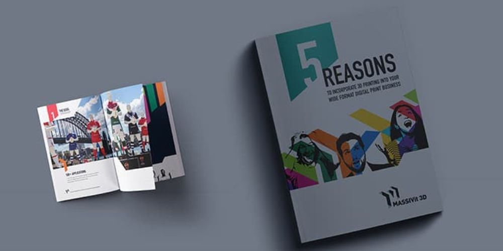 Vibrant ebook cover: '5 Reasons to Add 3D Printing to Your Wide Format Print Business' with 3D printed elements.
